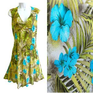 Alexis Midi Dress Green Tropical Floral Bias Cut V Neck Lined Sleeveless 13